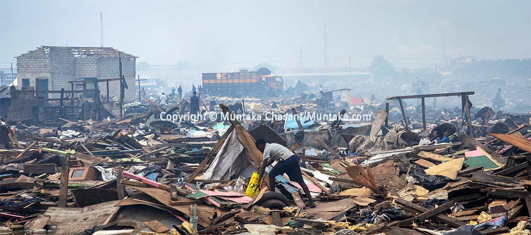 A scene shows the demolished Agbogbloshie Scrapyard. Copyright © Muntaka Chasant