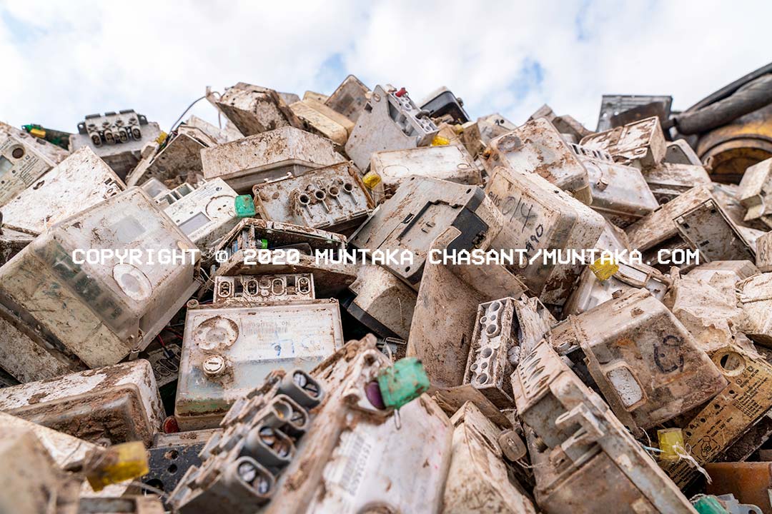 Scrap energy meters from Ghana's electricity distribution company Ghana Electricity Company of Ghana. Agbogbloshie, Ghana. Copyright © 2020 Muntaka Chasant