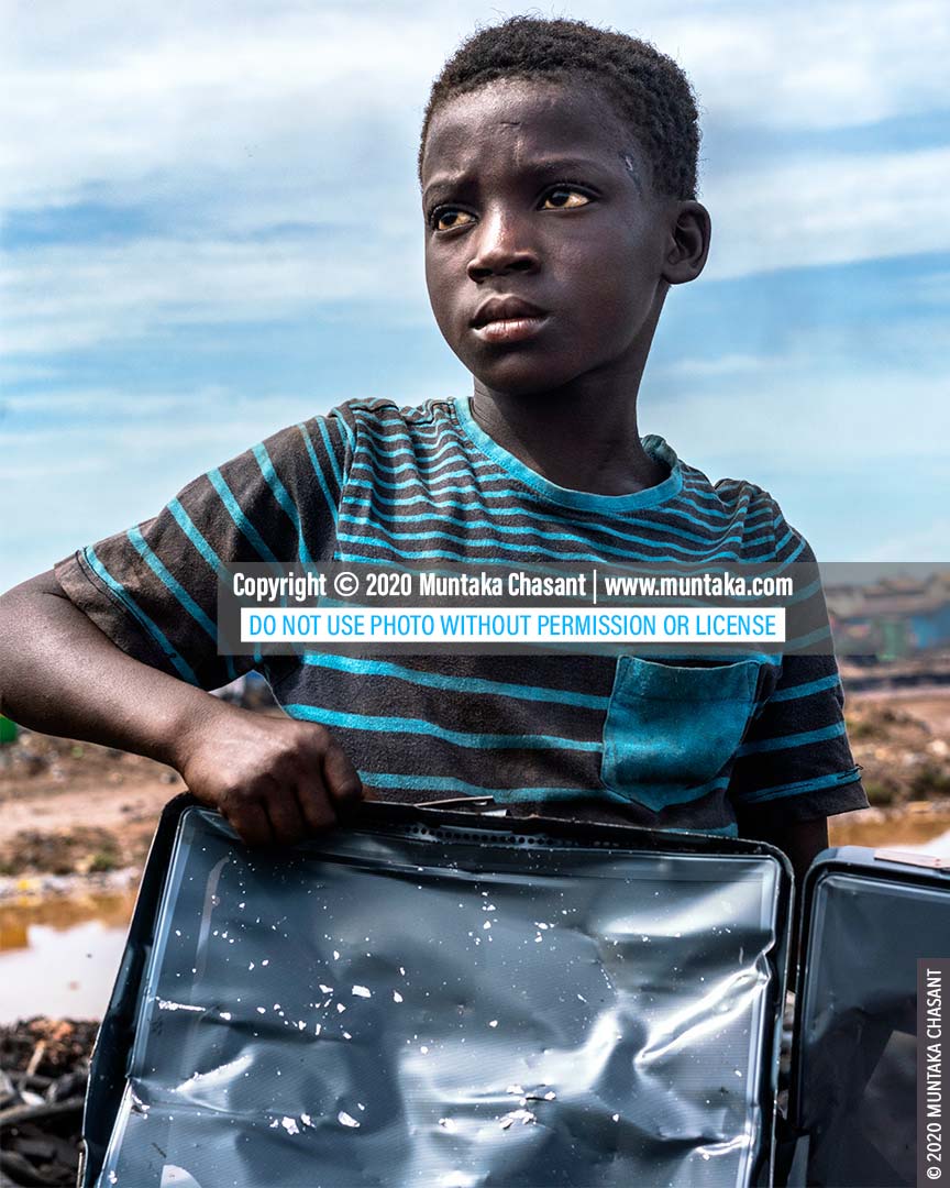 Child labour and e-waste: 11-yer-old Ibrahim had just reclaimed shadow masks from old CRT TVs at Agbogbloshie. He sold them at around $0.15 per kilo at Agbogbloshie. © 2020 Muntaka Chasant