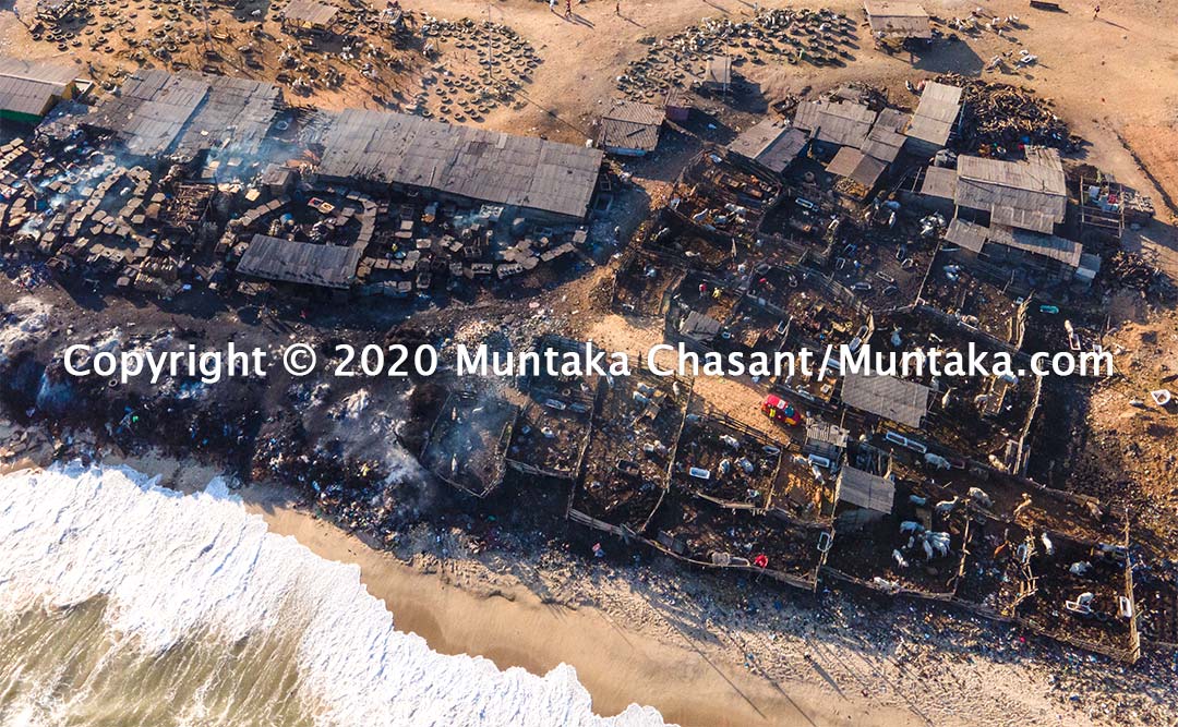 Aerial view of an "abattoir" at Jamestown that uses scrap tires to singe livestock. The Accra Metropolitan Assembly has done very little to tackle this problem, despite the public health risks. Copyright © 2020 Muntaka Chasant