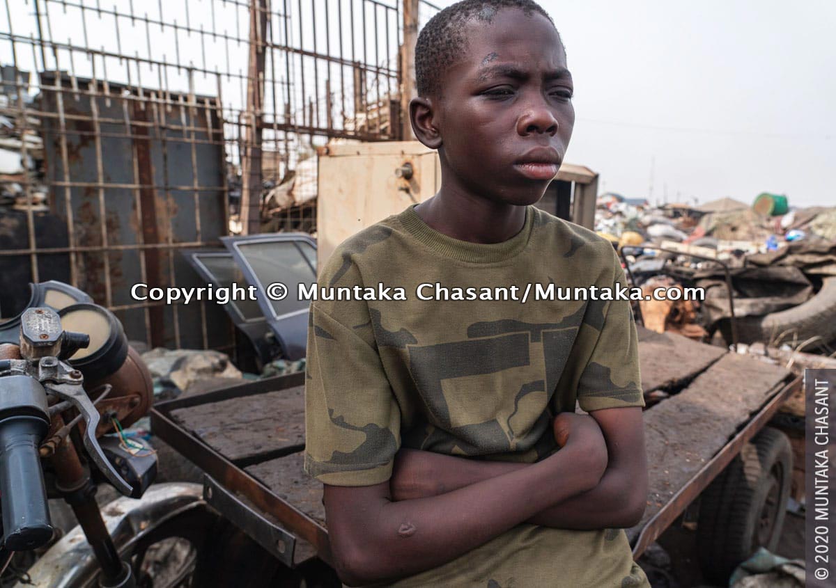 Malik, 14 years, went missing for 6 months and found on February 19, 2020. He left home again on March 15, 2020. Maliks says he prefers e-waste mining over school and should be left to live by his own rules. © 2020 Muntaka Chasant