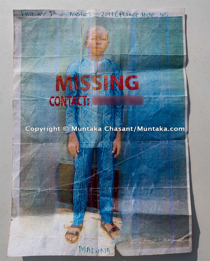 Malik's missing person poster. Details on poster: Friday 9th — August — 2019 (Please Help Us), Madina. Copyright © Muntaka Chasant