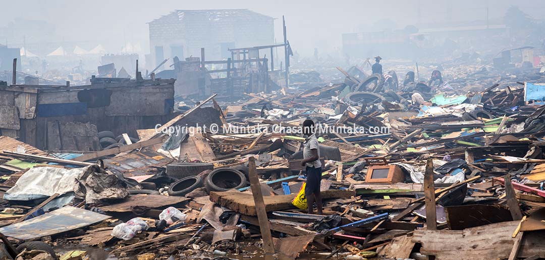 A scene shows the demolished Agbogbloshie Scrapyard. Copyright © Muntaka Chasant