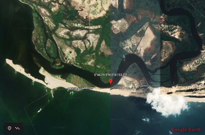 A Google Earth illustration of sandbar blockage between Anyanui and Ada Foah, Ghana.