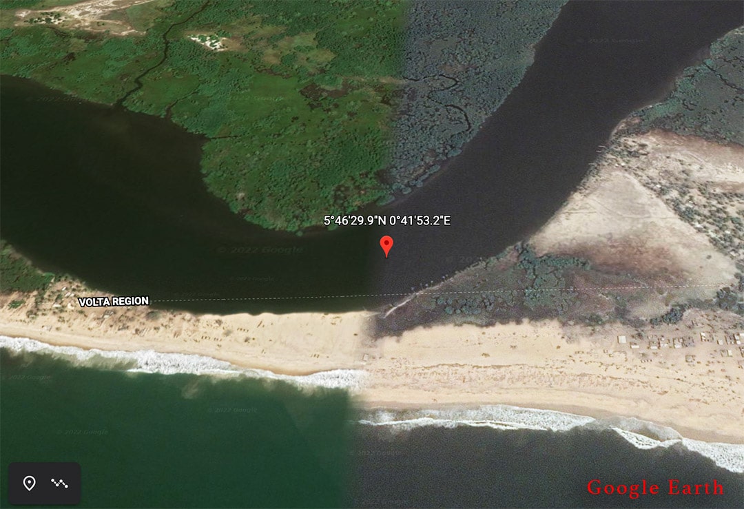 A Google Earth illustration of sandbar blockage between Anyanui and Ada Foah, Ghana.