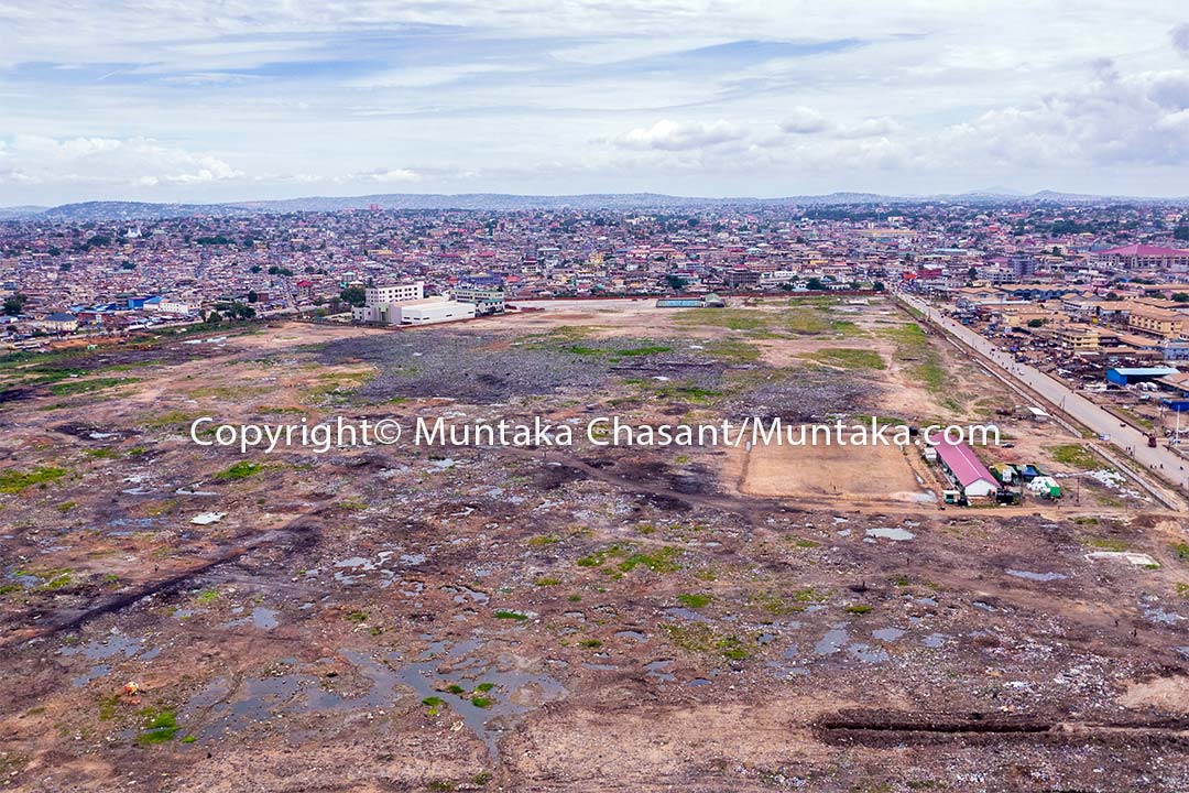 An aerial photo taken on July 1, 2022, shows the reclaimed land 1 year after the demolition of the Agbogbloshie Scrapyard and nearby sites. Copyright © Muntaka Chasant