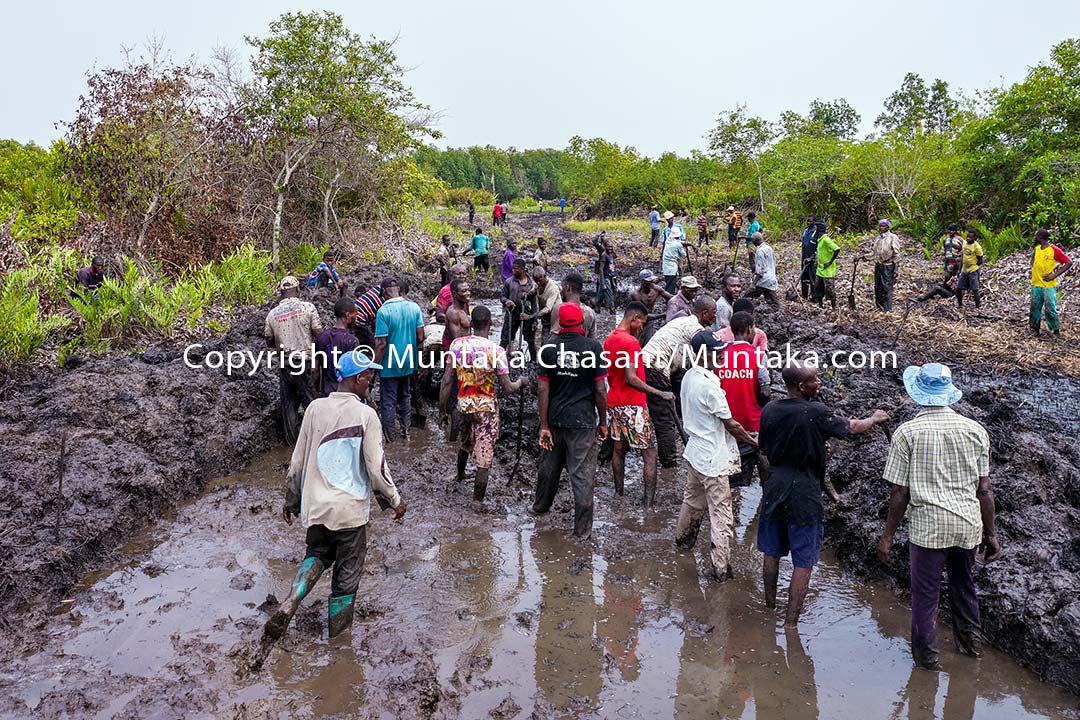 Desperate rural men use shovels and their bare hands to dig in an attempt to create a channel. Copyright © Muntaka Chasant